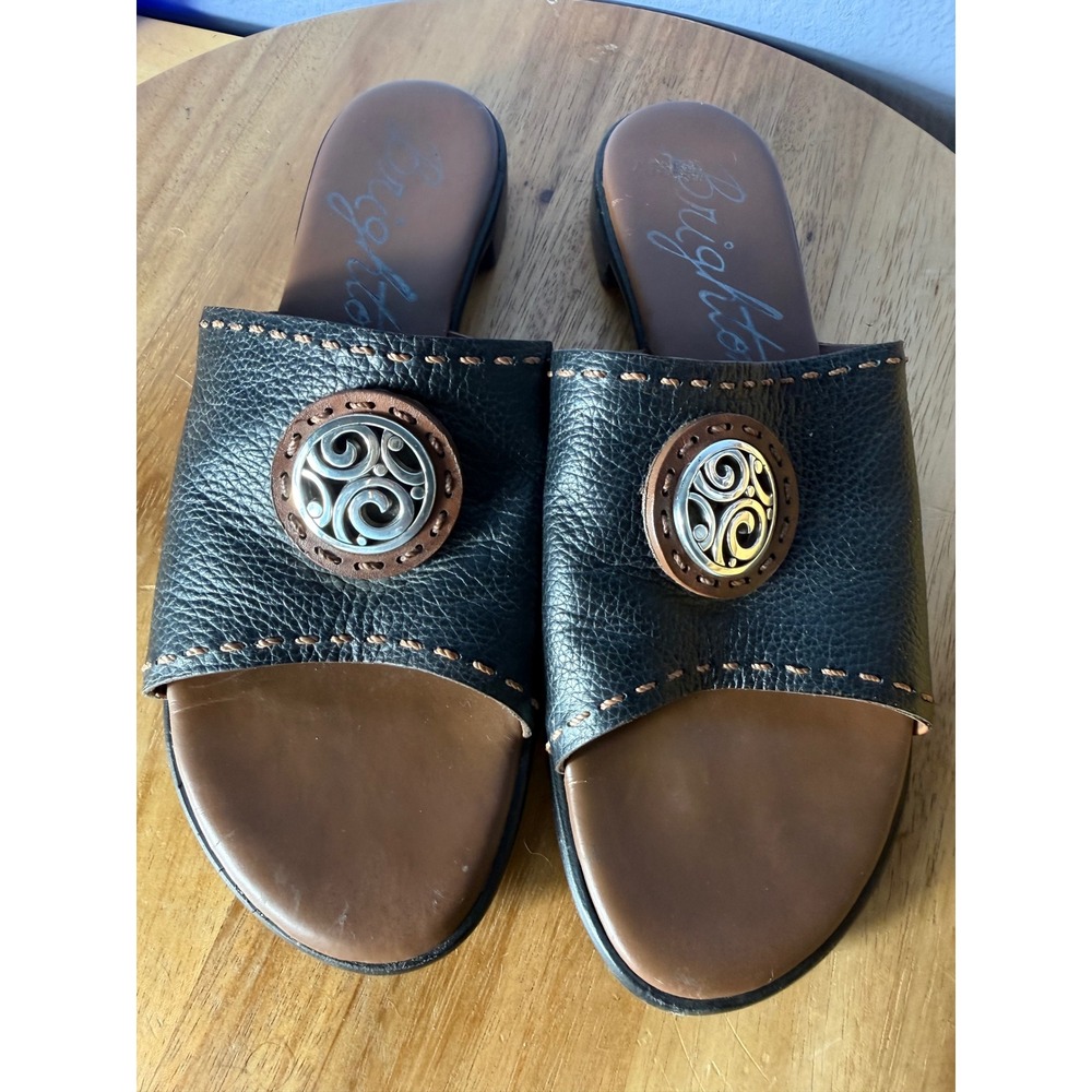 Brighton Molly Sandals Womens 8M Black Excellent Leather Silver Medallion Slides